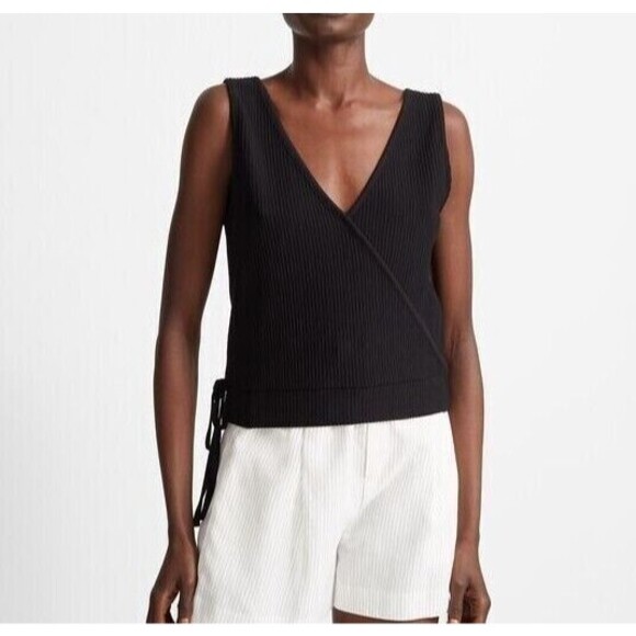 Club Monaco Bintelle Top Ribbed V-Neck Wrap Size S Black Tank NWT B31 - Picture 1 of 6